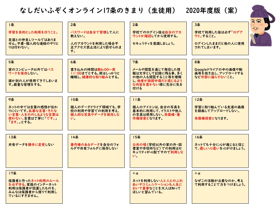 なしだいふぞくオンライン17条の決まり(生徒用)　2020年度版(案)の画像